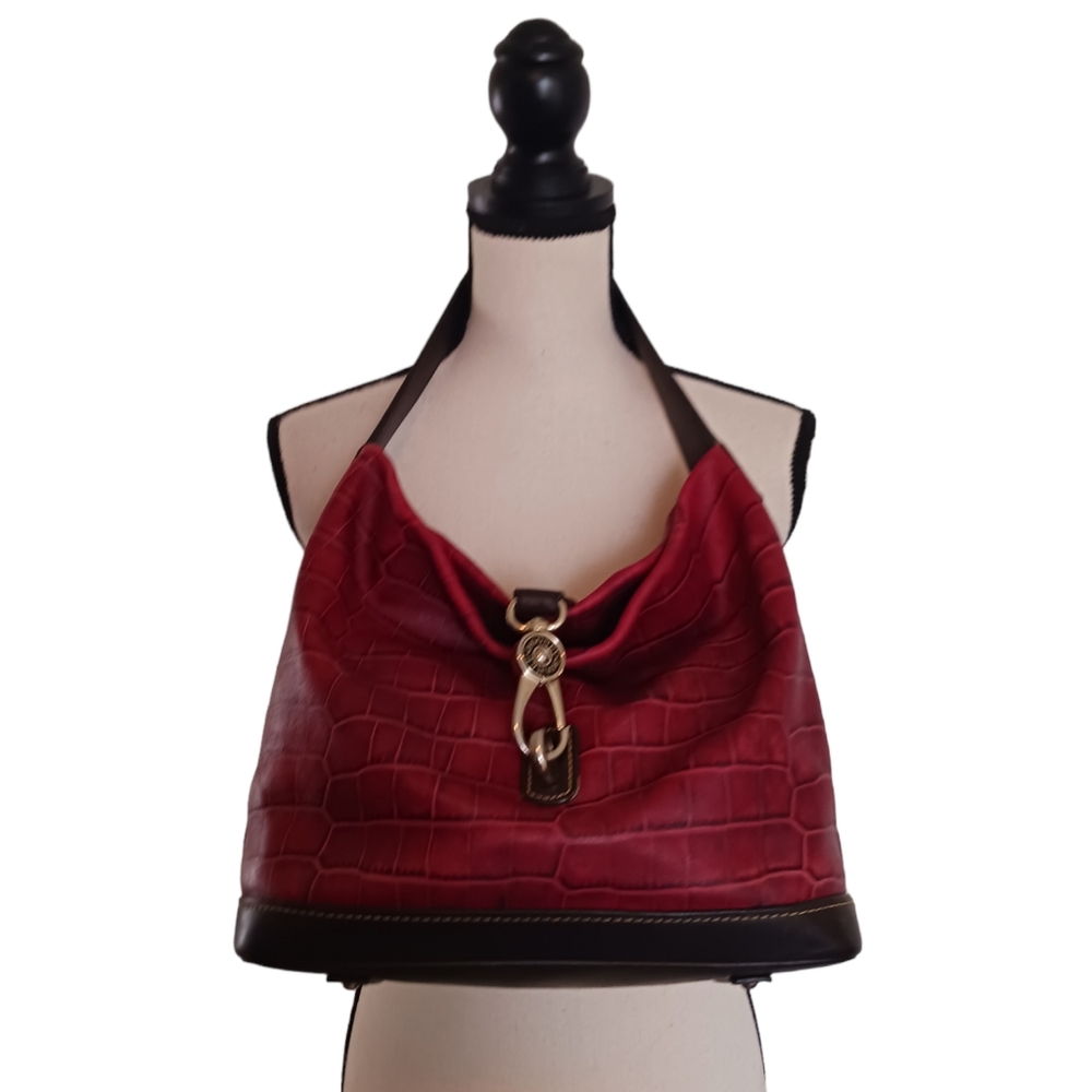 Dooney & Bourke Red Croc-Embossed Hobo with Dark Brown Trim